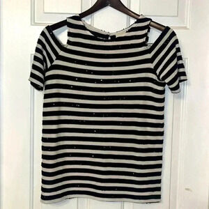 Chico's Black Off White Striped Sequined Cold Shoulder Top Size 4